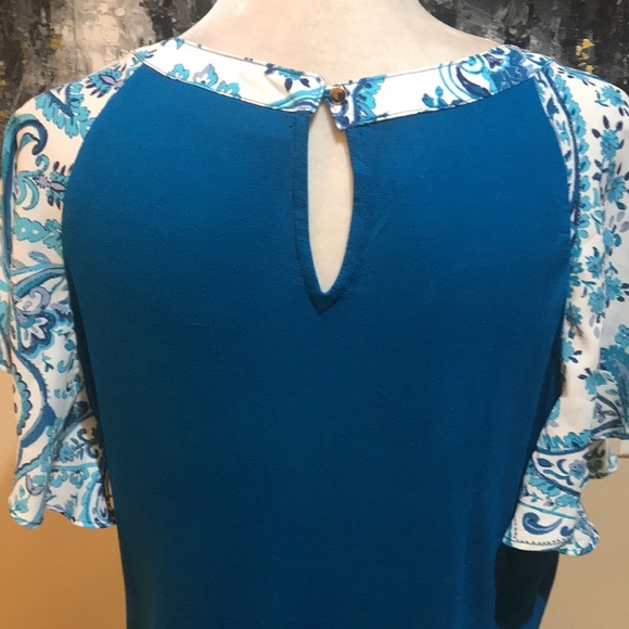 7th Avenue NY&C Blue Floral Paisley Mixed Media Short Sleeve Blouse-Size M - Picture 7 of 13